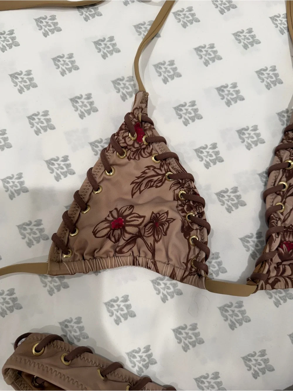 Frankie's Bikinis Bella Hadid Beige Floral Triangle Bikini Set